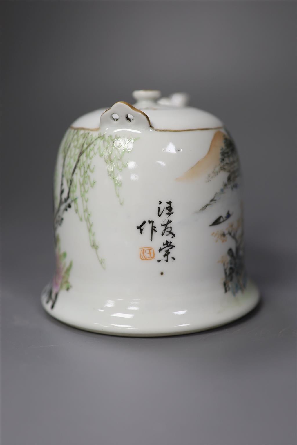A Chinese enamelled porcelain bell-shaped teapot and cover, 12cm high
